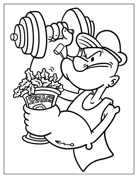 Segurando espinafres numa mão, Popeye levanta um haltere com a outra.