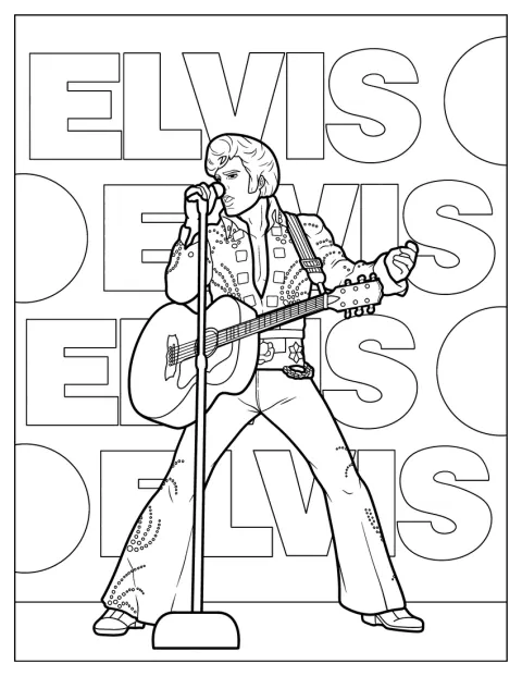 Elvis Presley si esibisce sul palco con il suo costume caratteristico e una sciarpa.