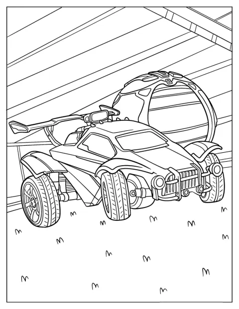 Ein Rocket-League-Kampfauto steht neben dem großen Ball.