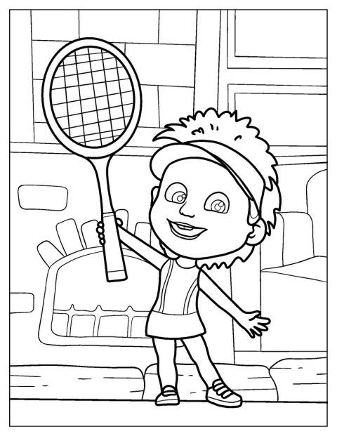 Mascha trägt ein Tennisoutfit und posiert fröhlich.