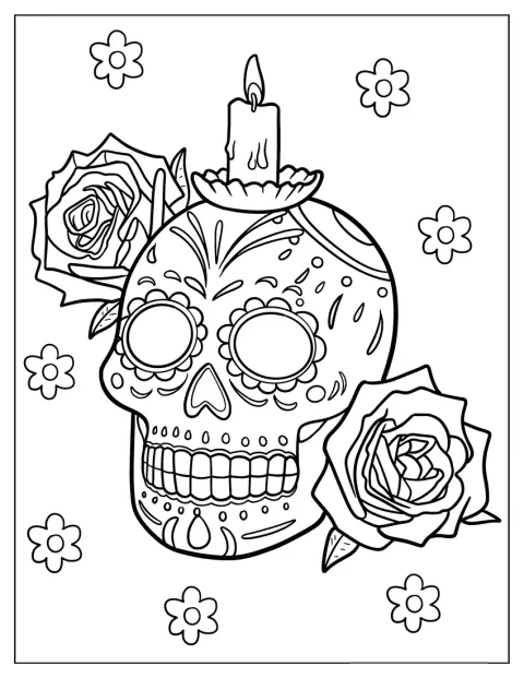 Două trandafiri și o lumânare aprinsă împodobesc capul craniului mexican.