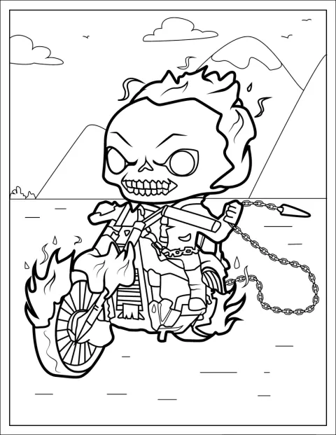 ちびキャラのゴーストライダーが、ヘルファイアチェーンを手にバイクに乗っています。