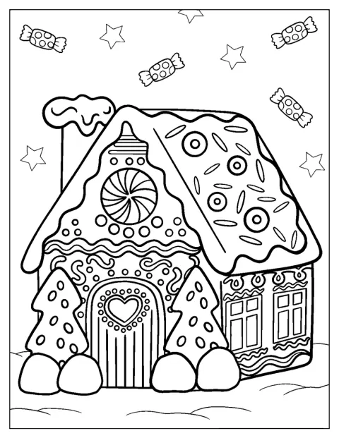 お菓子でできたかわいい家が、クリスマス飾りとともに描かれています。
