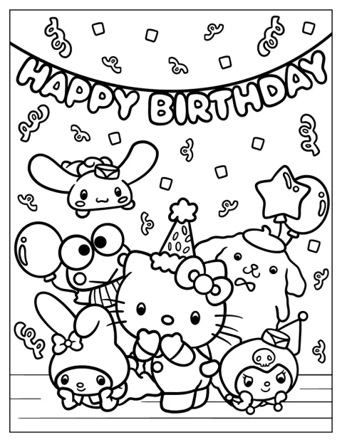 Postacie Sanrio świętują pod napisem „Happy Birthday”.