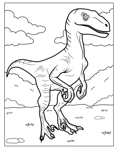 Dospělý Velociraptor stojí v přirozeném postoji.