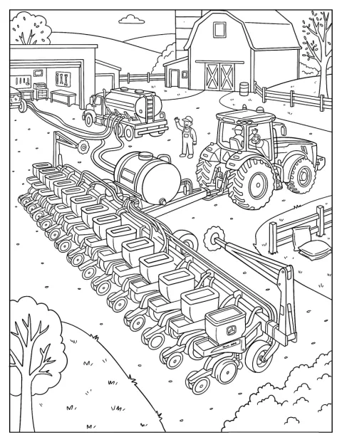 John Deere Tractor Pulling a Precision Row Crop Planter Coloring Page