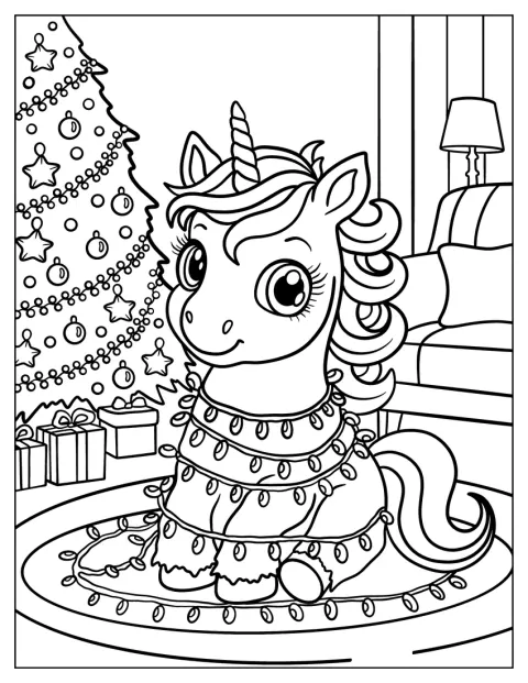 ユニコーンの体には、クリスマスライトが巻きついています。