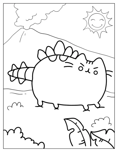 Pusheen travestito da dinosauro si trova accanto a un vulcano.
