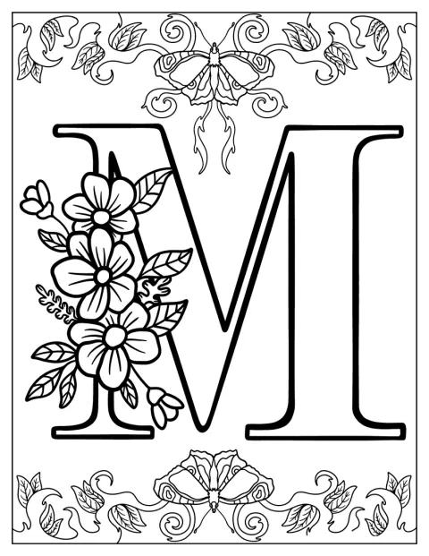 Blomster slynger seg rundt en formell, stor bokstav M.