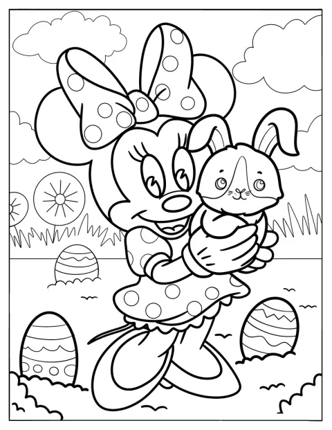 Bebé Minnie Mouse sostiene un conejo entre sus brazos.