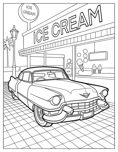 Un Cadillac hot rod está aparcado frente a una heladería retro.