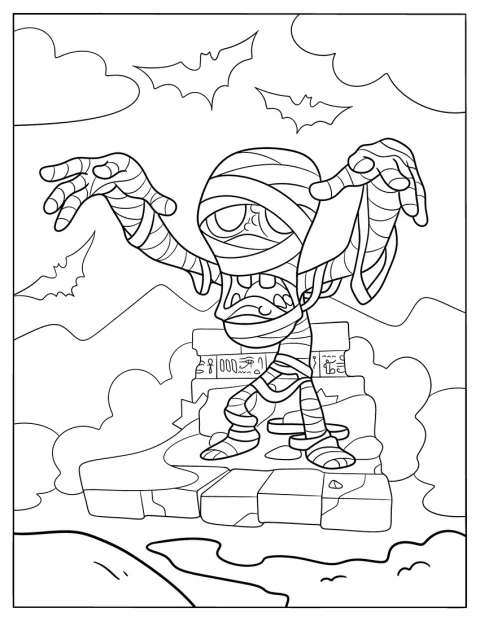Una momia de dibujos animados muestra sus vendas y detalles con claridad.
