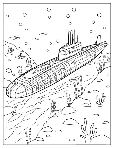 細部まで描かれた潜水艦を、真上から見ています。