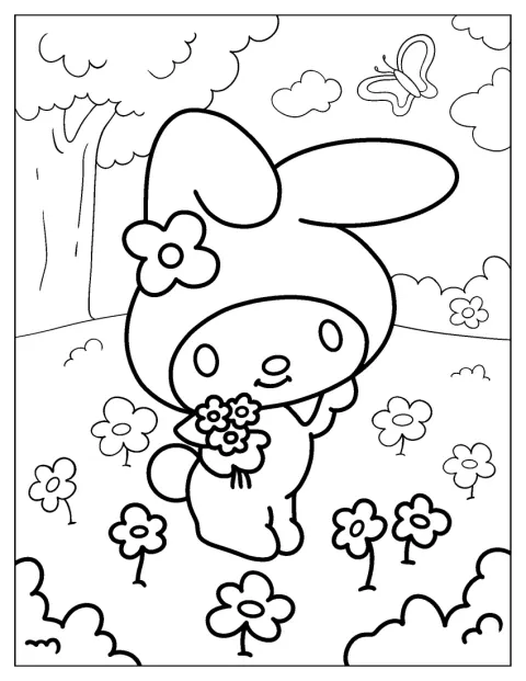 My Melody plukker blomster på en eng.