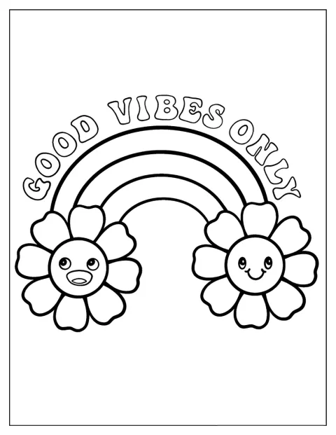 En regnbåge pryds av mönster och symboler med hippietema.