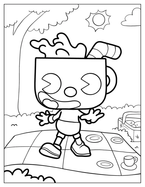 Cuphead baila alegremente con su característica cabeza en forma de taza.