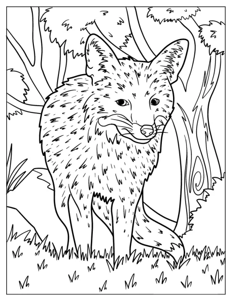 Un renard marche parmi les arbres de la forêt.