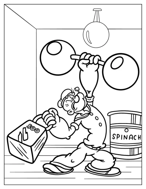 Popeye montre sa force en soulevant des poids.