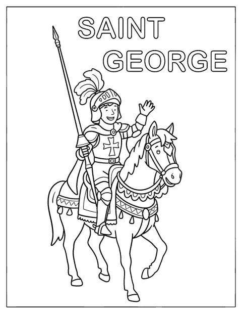 San Jorge cabalga con armadura y una lanza.