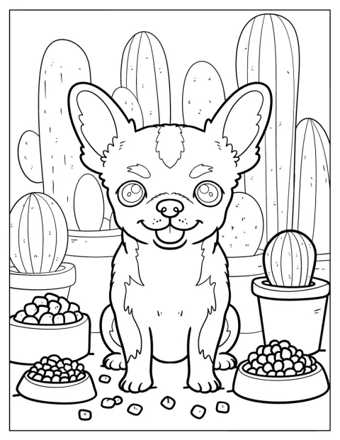 Baby Chihuahua Coloring Page Sitting Next to Dog Food and Potted Cacti