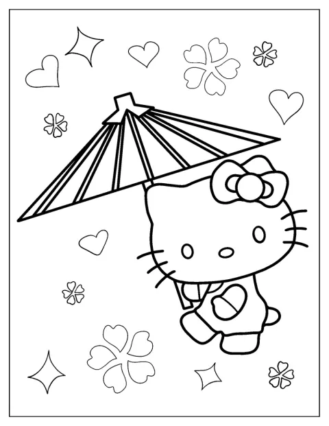 Hello Kitty ține o umbrelă de soare deasupra capului.