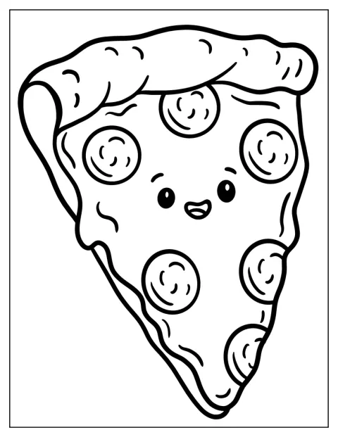 Uma fatia de pizza com queijo derretido sorri.