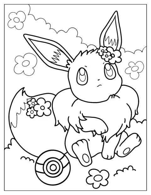 Eevee posa rodeado de flores.