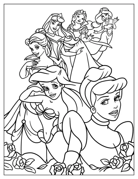 Jasmine, Śnieżka, Bella, Aurora, Ariel i Kopciuszek pozują razem.
