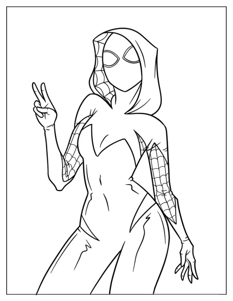 Spider-Gwen sonríe y hace el signo de la paz con una mano.