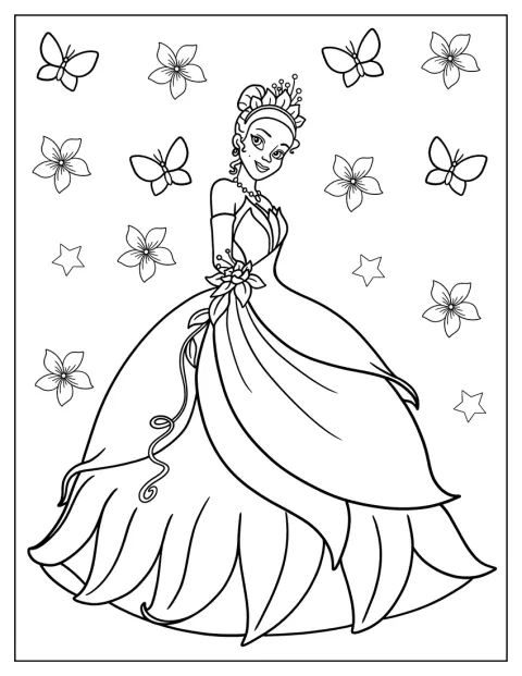 Prinsessan Tiana bär en vacker balklänning.