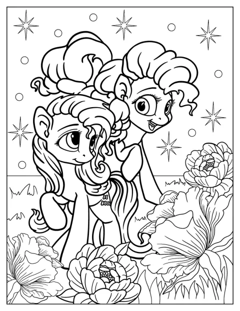 Fluttershy și Pinkie Pie apar împreună, înconjurate de flori.