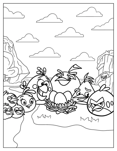 Angry Birds versammeln sich aufgeregt um Eier in einem Nest.