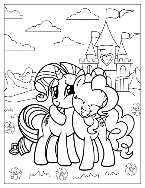 Devant un château, Pinkie Pie serre Rarity dans ses bras.