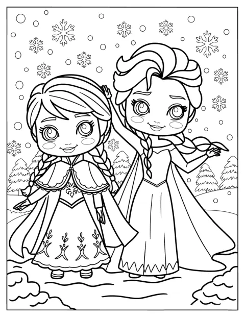 Elsa und Anna stehen gemeinsam im verschneiten Winterland.