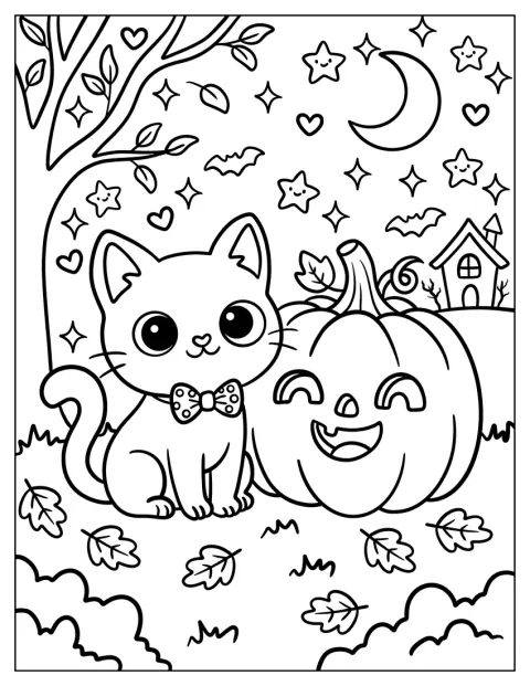Onder een sikkelmaan zit een katje naast een Halloweenpompoen.