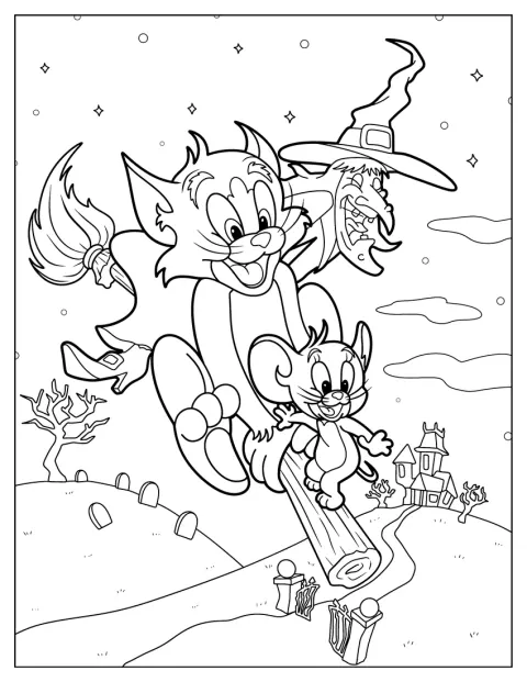 Tom e Jerry estão com uma bruxa num cenário de Halloween.