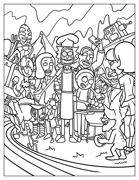 Rick, Morty e gli altri personaggi festeggiano con un barbecue in giardino.