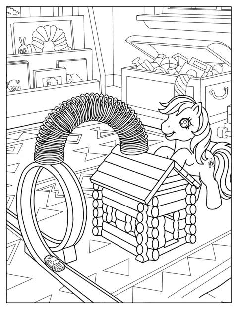 Un pony giocattolo si trova accanto a un tunnel Slinky e a una baita.
