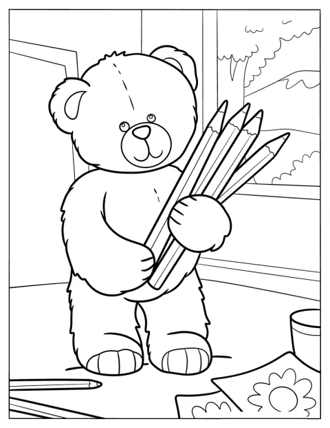 Un oso de peluche peludo lleva varios lápices grandes.
