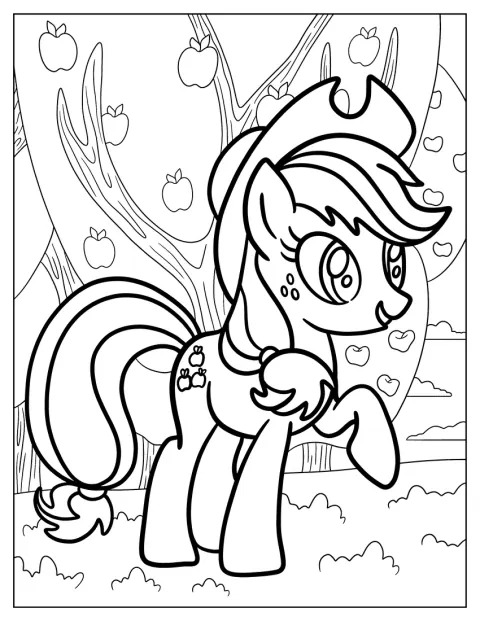 Applejack trota por um pomar rodeado de macieiras.