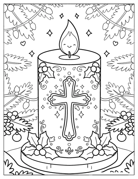 Una vela decorada con una cruz, acebo y ramas de pino.