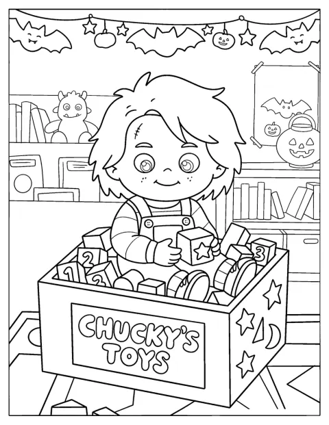 Chucky está sentado numa caixa cheia de brinquedos.