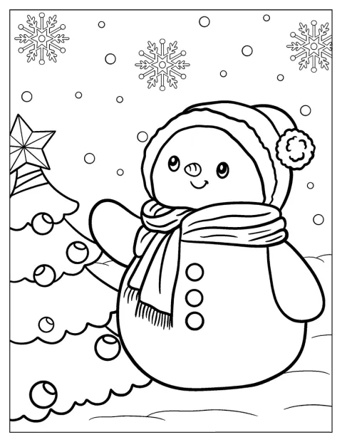 En snømann setter julepynt på et juletre.