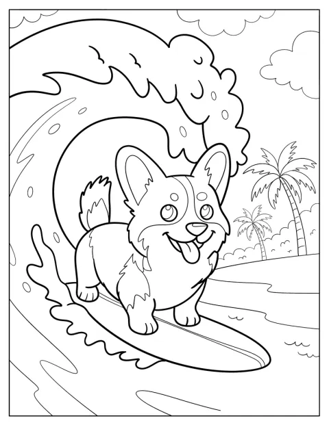 Un corgi surfe sur une vague près du rivage.