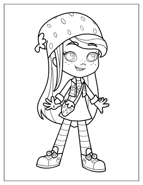 Strawberry Shortcake aparece de pie en una escena sencilla.