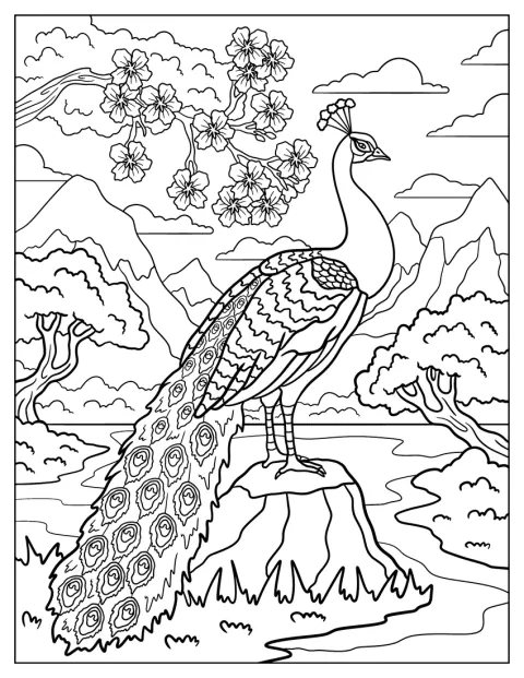 クジャクが岩の上に立ち、花や山並みが広がる景色を眺めています。