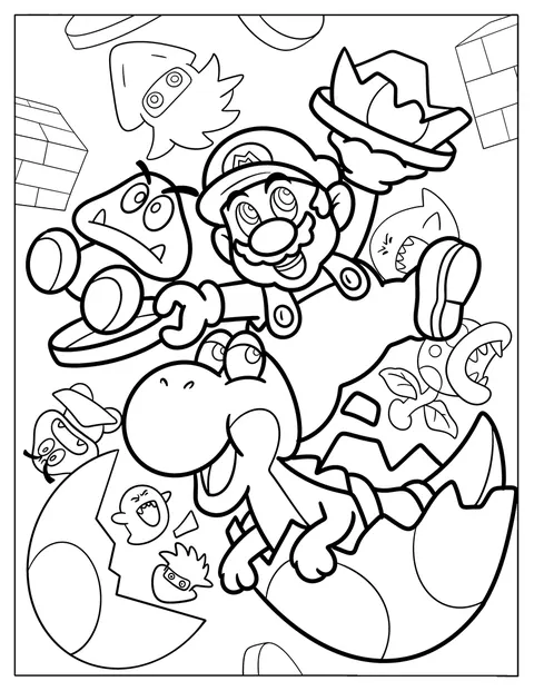 Goomba, Mario en Yoshi staan samen afgebeeld.