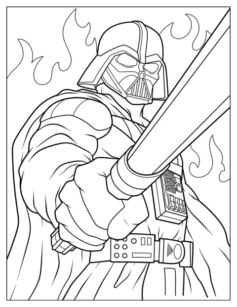 Dark Vador apparaît en gros plan, son sabre laser à la main.