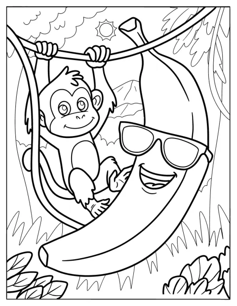 Um macaquinho pendura-se numa trepadeira ao lado de uma banana.