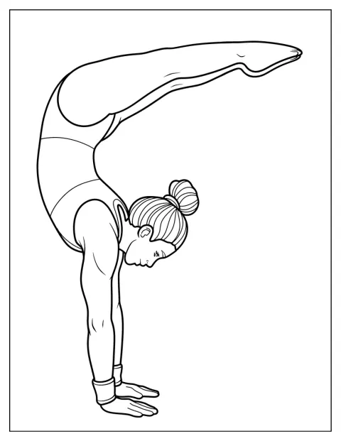 O gimnastă își ține echilibrul în stând pe mâini, cu picioarele întinse.